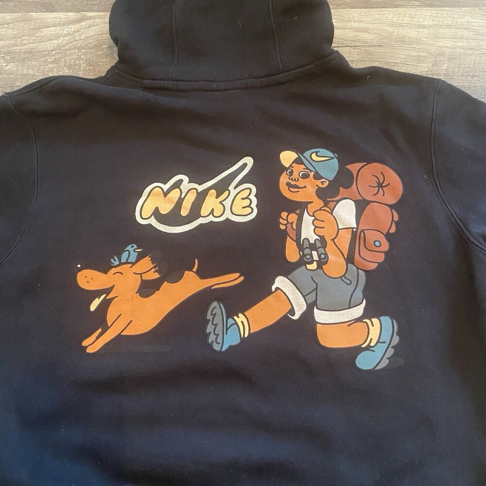 NIKE Black Hoodie Fleece Women’s M Hiker Club Dog Bird Embroidered Outdoors
